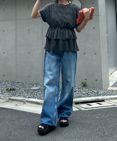 mi via loca(ミヴィアロカ)の「ピグメント フリルギャザー フレンチスリーブ ペプラムトップス(Tシャツ/カットソー・レディース・ベージュ/スミクロ/カーキ・FREE)」の16枚目の写真