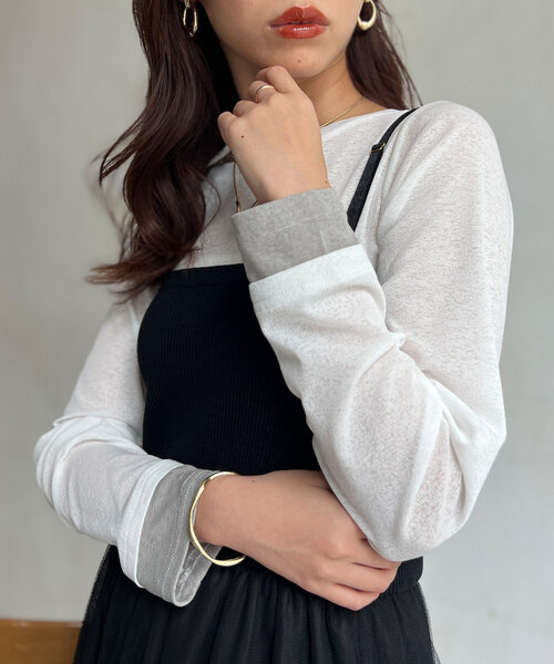 Chez toi(シェトワ)の「袖口レイヤードセミシアーロンT(Tシャツ/カットソー・レディース・ブラック/ピンク/オフホワイト・FREE)」の2枚目の写真