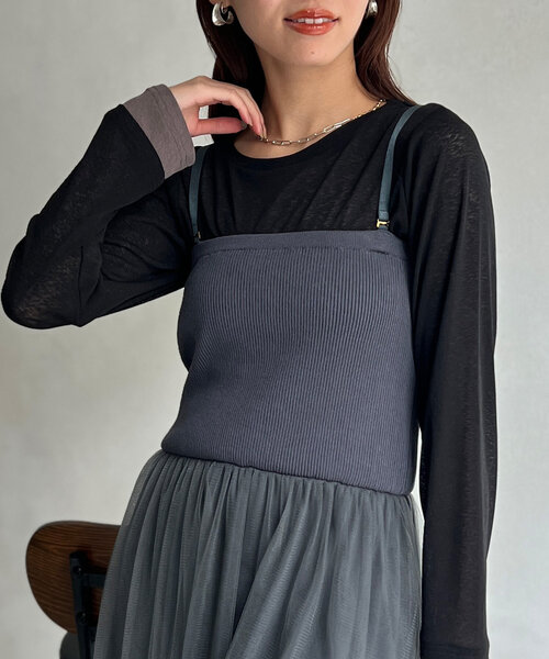 Chez toi(シェトワ)の「袖口レイヤードセミシアーロンT(Tシャツ/カットソー・レディース・ブラック/ピンク/オフホワイト・FREE)」の1枚目の写真