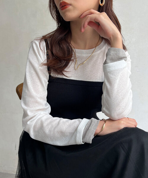 Chez toi(シェトワ)の「袖口レイヤードセミシアーロンT(Tシャツ/カットソー・レディース・ブラック/ピンク/オフホワイト・FREE)」の4枚目の写真