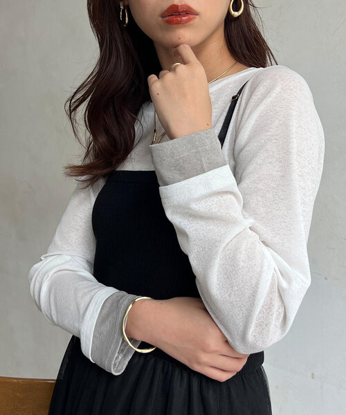 Chez toi(シェトワ)の「袖口レイヤードセミシアーロンT(Tシャツ/カットソー・レディース・ブラック/ピンク/オフホワイト・FREE)」の5枚目の写真