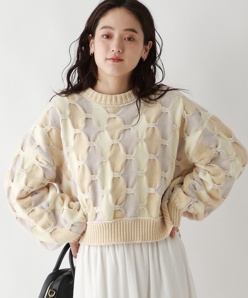 RAGEBLUE（レイジブルー）の「ボリュームスリーブ/配色ショートモールニット（ニット/セーター・レディース・ブルー系/オフホワイト/グレー系/オレンジ系・FREE）」の9枚目の写真