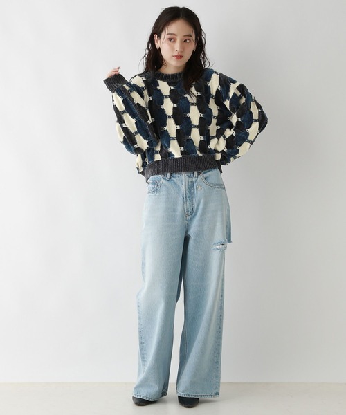 RAGEBLUE（レイジブルー）の「ボリュームスリーブ/配色ショートモールニット（ニット/セーター・レディース・ブルー系/オフホワイト/グレー系/オレンジ系・FREE）」の8枚目の写真