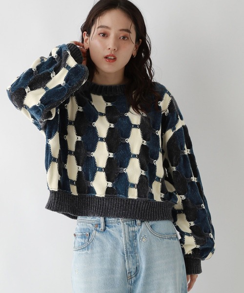 RAGEBLUE（レイジブルー）の「ボリュームスリーブ/配色ショートモールニット（ニット/セーター・レディース・ブルー系/オフホワイト/グレー系/オレンジ系・FREE）」の5枚目の写真