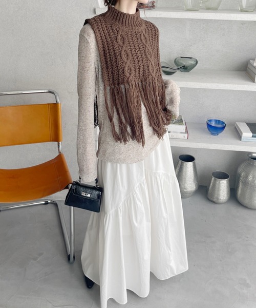 セール】ケーブルデザイン 裾フリンジニットベスト（ベスト）｜Ada