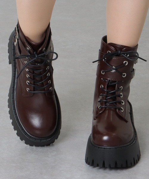 セール】ダブルベルト レザー調 厚底 レースアップ ブーツ（ブーツ