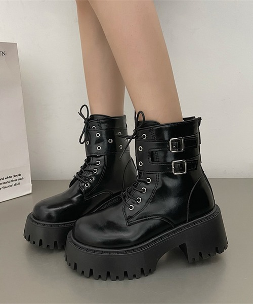 セール】ダブルベルト レザー調 厚底 レースアップ ブーツ（ブーツ