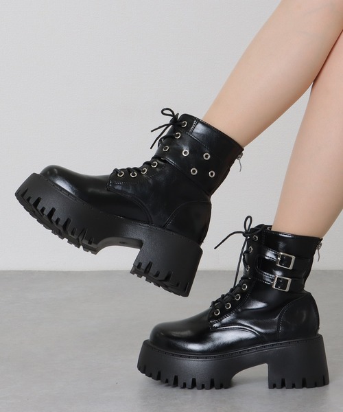 セール】ダブルベルト レザー調 厚底 レースアップ ブーツ（ブーツ