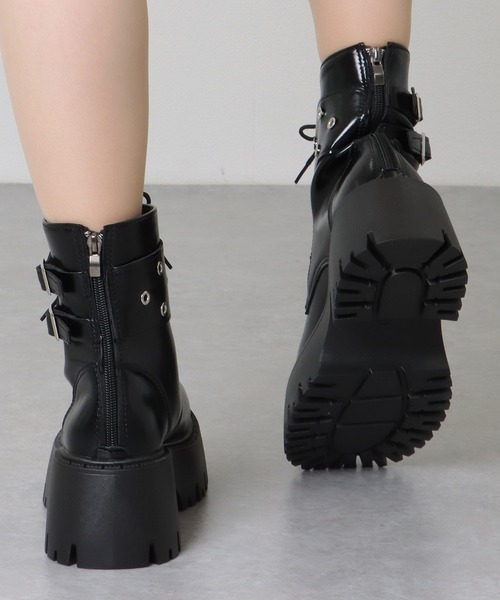 セール】ダブルベルト レザー調 厚底 レースアップ ブーツ（ブーツ