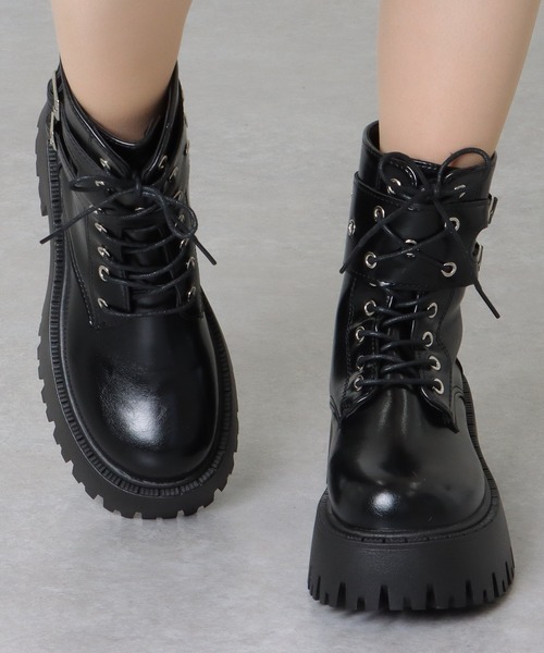 セール】ダブルベルト レザー調 厚底 レースアップ ブーツ（ブーツ