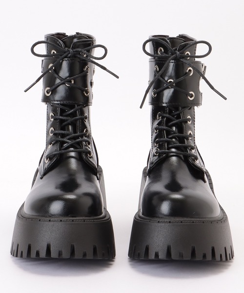 セール】ダブルベルト レザー調 厚底 レースアップ ブーツ（ブーツ