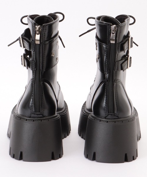 セール】ダブルベルト レザー調 厚底 レースアップ ブーツ（ブーツ