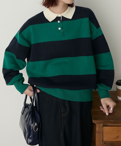 BONLECILL（ボンルシール）の「配色ボリュームスリーブスウェットライクポロニット（ニット/セーター・レディース・ネイビー系1/チャコールグレー/クリーム/オートミール/レッド/ネイビー/グレー系1/ブラウン・FREE）」の8枚目の写真