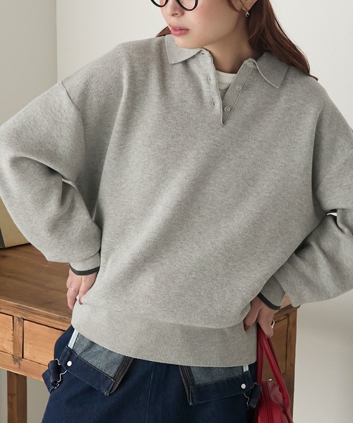BONLECILL（ボンルシール）の「配色ボリュームスリーブスウェットライクポロニット（ニット/セーター・レディース・ネイビー系1/チャコールグレー/クリーム/オートミール/レッド/ネイビー/グレー系1/ブラウン・FREE）」の6枚目の写真