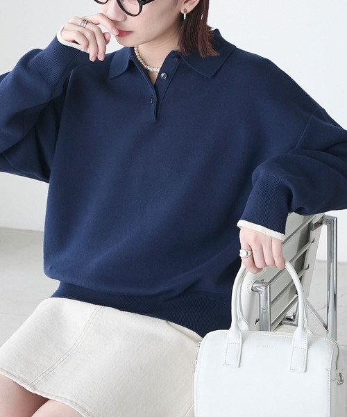BONLECILL（ボンルシール）の「配色ボリュームスリーブスウェットライクポロニット（ニット/セーター・レディース・ネイビー系1/チャコールグレー/クリーム/オートミール/レッド/ネイビー/グレー系1/ブラウン・FREE）」の7枚目の写真