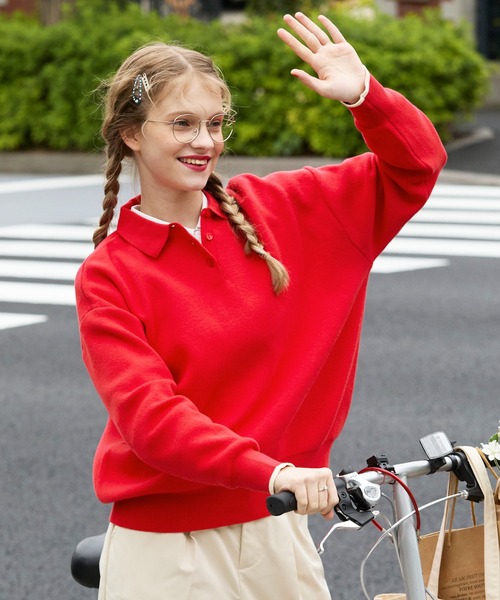 BONLECILL（ボンルシール）の「配色ボリュームスリーブスウェットライクポロニット（ニット/セーター・レディース・ネイビー系1/チャコールグレー/クリーム/オートミール/レッド/ネイビー/グレー系1/ブラウン・FREE）」の11枚目の写真