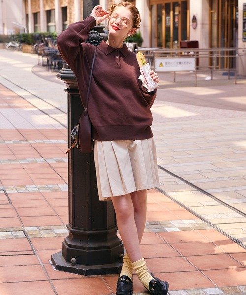 配色ボリュームスリーブスウェットライクポロニット（ニット/セーター