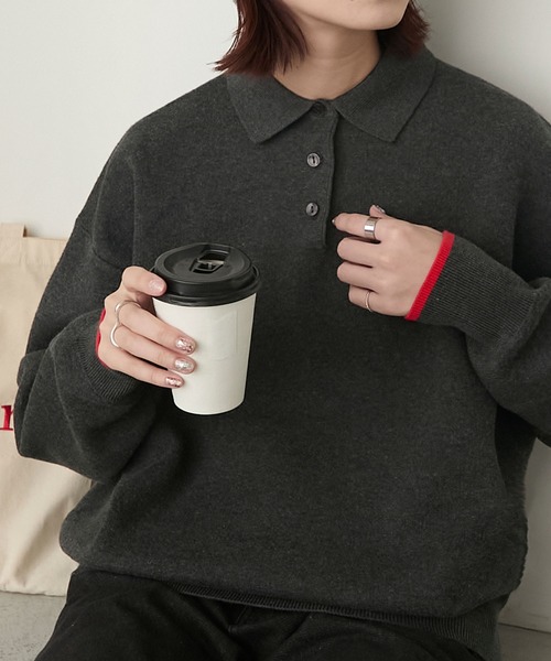 BONLECILL（ボンルシール）の「配色ボリュームスリーブスウェットライクポロニット（ニット/セーター・レディース・ネイビー系1/チャコールグレー/クリーム/オートミール/レッド/ネイビー/グレー系1/ブラウン・FREE）」の18枚目の写真