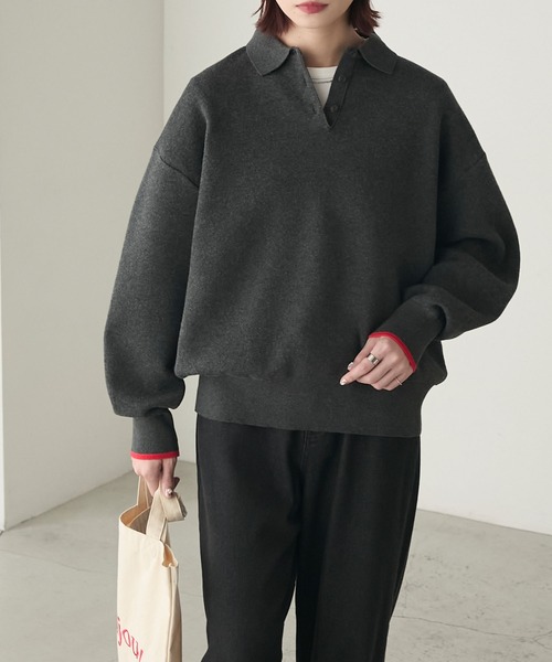 BONLECILL（ボンルシール）の「配色ボリュームスリーブスウェットライクポロニット（ニット/セーター・レディース・ネイビー系1/チャコールグレー/クリーム/オートミール/レッド/ネイビー/グレー系1/ブラウン・FREE）」の19枚目の写真