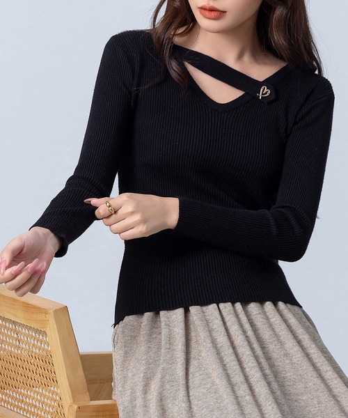 【値下げ】 グレンマーティンス　 カットアウトリブニットトップス【Ｓ】 セール】【ストラップ風ハートに熱視線】長袖アシンメトリーネック