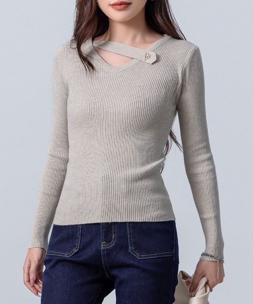 セール】【ストラップ風ハートに熱視線】長袖アシンメトリーネック