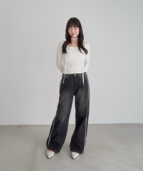 mellowneon(メロウネオン)の「サイドラインウォッシュデニムパンツ(デニムパンツ・レディース・ダークブルー/ブルー・FREE)」の5枚目の写真