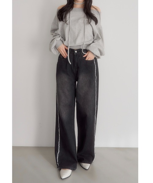 mellowneon(メロウネオン)の「サイドラインウォッシュデニムパンツ(デニムパンツ・レディース・ダークブルー/ブルー・FREE)」の6枚目の写真
