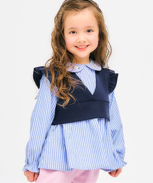 apres les cours（アプレレクール）の「【ジュニア対応】襟刺繍ベストドッキングトップス（シャツ/ブラウス・キッズ・ストライプ/ピンク・80/90/100/110/120/130/140）」の2枚目の写真