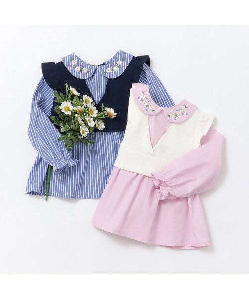 apres les cours（アプレレクール）の「【ジュニア対応】襟刺繍ベストドッキングトップス（シャツ/ブラウス・キッズ・ストライプ/ピンク・80/90/100/110/120/130/140）」の6枚目の写真