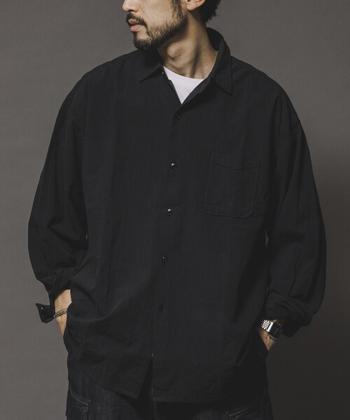 HINSON（ヒンソン）の「HINSON/ヒンソン レギュラーカラー ロングスリーブシャツ/シワ加工/リラックスフィット（シャツ/ブラウス・メンズ・ブラック/オフホワイト・MEDIUM/LARGE）」の8枚目の写真