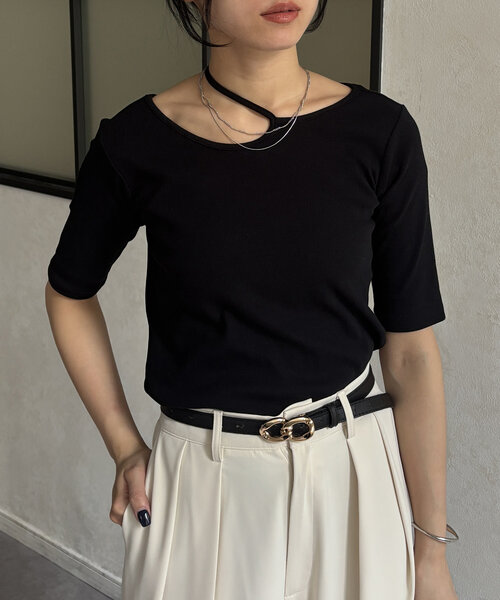 Thevon(ゼボン)の「変形ホルターネック5分袖リブプルオーバー(Tシャツ/カットソー・レディース・ブラウン/ブラック/オリーブ/オフホワイト・FREE)」の16枚目の写真