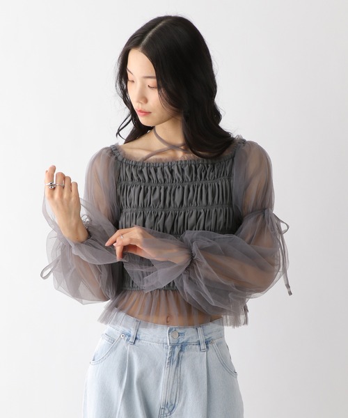 Heather（ヘザー）の「シャーリングチュールブラウス　327109（シャツ/ブラウス・レディース・ピンク/アイボリー/チャコールグレー・FREE）」の3枚目の写真