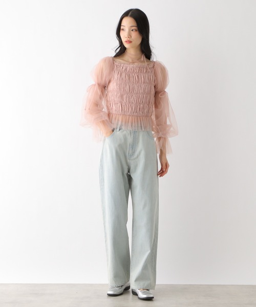 ブラウス シャツ ２ｗａｙシャーリングチュールブラウス レディース me&me couture ブラウス シャツ 2wayシャーリングチュール
