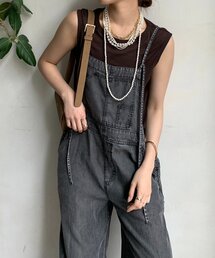 細紐デニムフロントジップサロペット（つなぎ/オールインワン