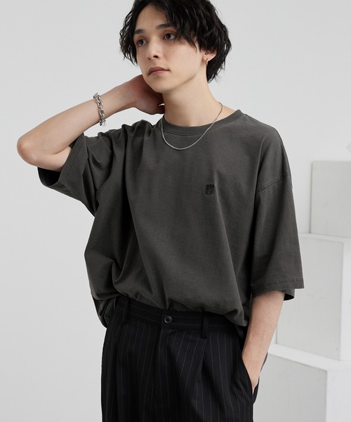 ピグメント加工ワンポイント刺繍オーバーサイズ半袖Tシャツ MONO