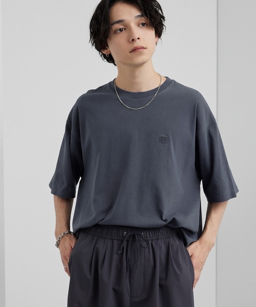 ピグメント加工ワンポイント刺繍オーバーサイズ半袖Tシャツ MONO