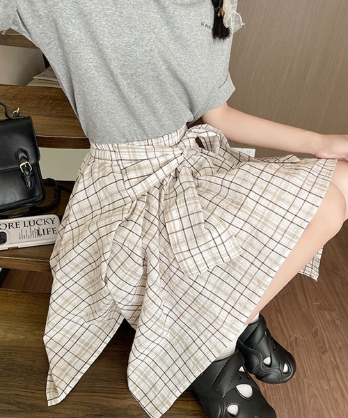 PRIVATE BEACH(プライベートビーチ)の「チェック柄ウエストリボンミニスカート スカパン(スカート・レディース・ホワイト/ブラック/ライトベージュ・S/M/L)」の5枚目の写真