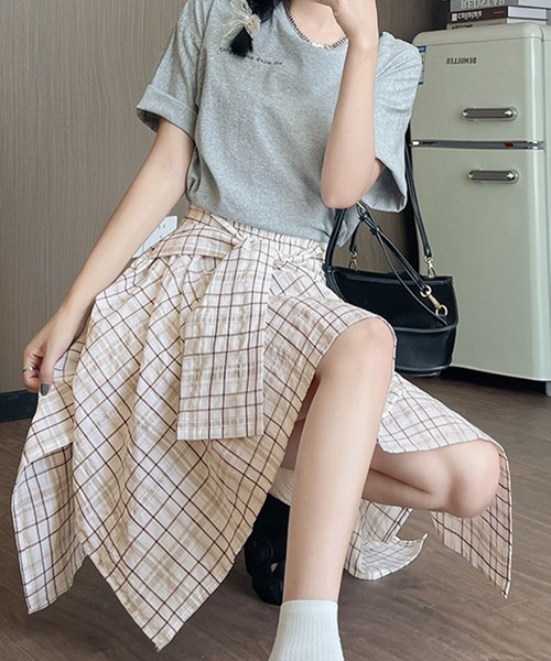 PRIVATE BEACH(プライベートビーチ)の「チェック柄ウエストリボンミニスカート スカパン(スカート・レディース・ホワイト/ブラック/ライトベージュ・S/M/L)」の4枚目の写真