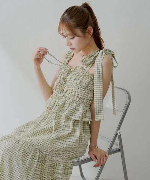 chico チコ チェック柄シャーリングロングワンピース 新色追加/マルチway】アシメ紐デザインチェック柄シャーリング