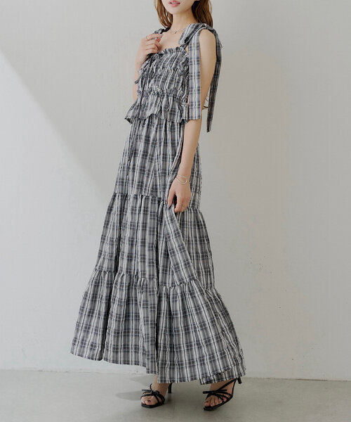 【信頼】 6色展開/マルチway】アシメ紐デザインチェック柄シャーリング ワンピース