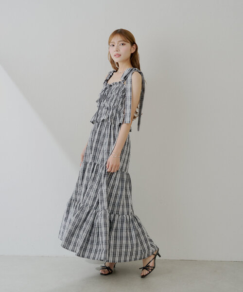 6色展開/マルチway】アシメ紐デザインチェック柄シャーリング