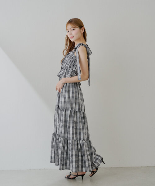 新色追加/マルチway】アシメ紐デザインチェック柄シャーリング