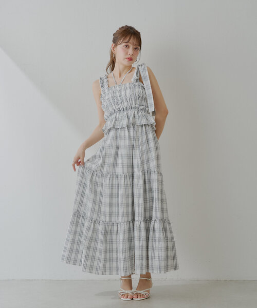 【6色展開/マルチway】アシメ紐デザインチェック柄シャーリングロングワンピース Chico（チコ）の「【6色展開/マルチway】アシメ紐デザイン