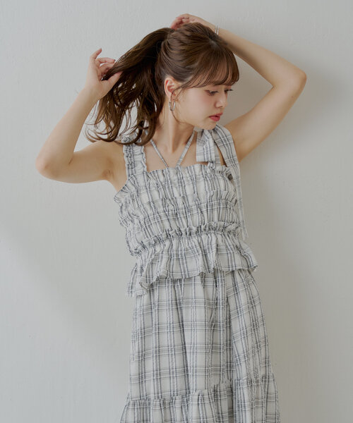 chico チコ チェック柄シャーリングロングワンピース セール】【6色展開/マルチway】アシメ紐デザインチェック柄
