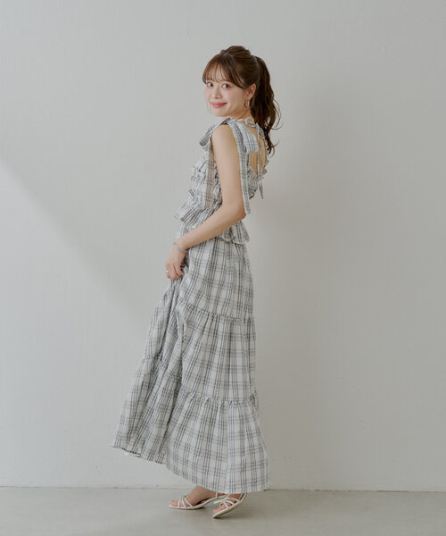 【極美品】スタイリング　チェック柄　ロングワンピース セール】【6色展開/マルチway】アシメ紐デザインチェック柄