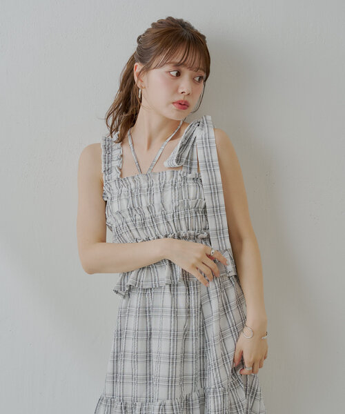 【極美品】スタイリング　チェック柄　ロングワンピース Chico ワンピース 「6色展開/マルチway」アシメ紐デザイン