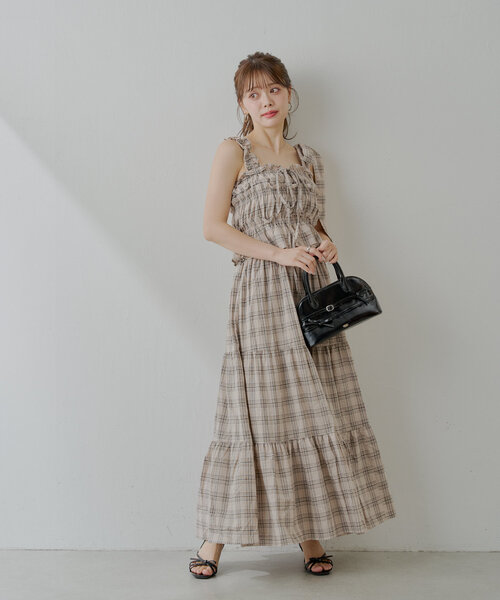 6色展開/マルチway】アシメ紐デザインチェック柄シャーリング