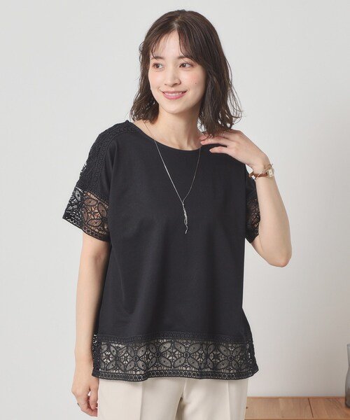 ITS'DEMO(イッツデモ)の「【吸水速乾/手洗い可/洗濯後しわになりにくい】カットミラノレーストップス(Tシャツ/カットソー・レディース・ブラック/ベビーピンク/サックスブルー/オフホワイト・00)」の1枚目の写真