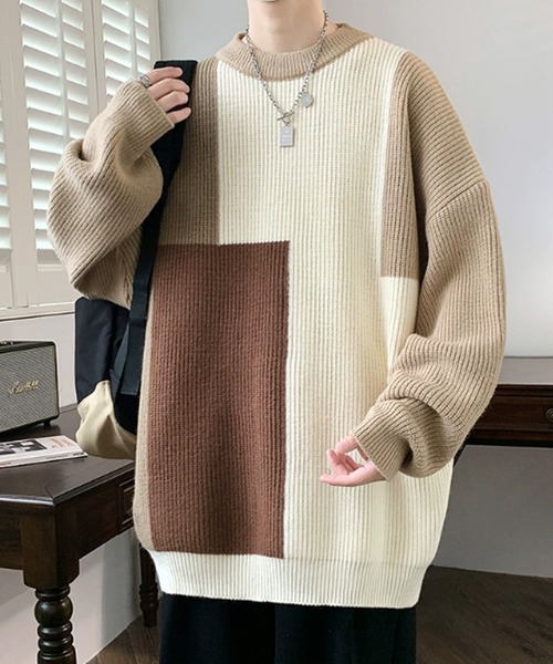 ROOPTOKYO(ループトウキョウ)の「クルーネック ブロッキングデザイン ニット(ニット/セーター・メンズ・ブラック/ベージュ/グリーン・M/L/XL)」の3枚目の写真