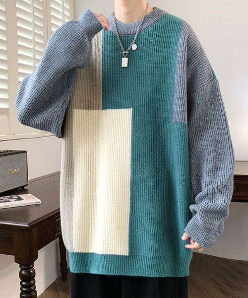 ROOPTOKYO(ループトウキョウ)の「クルーネック ブロッキングデザイン ニット(ニット/セーター・メンズ・ブラック/ベージュ/グリーン・M/L/XL)」の1枚目の写真